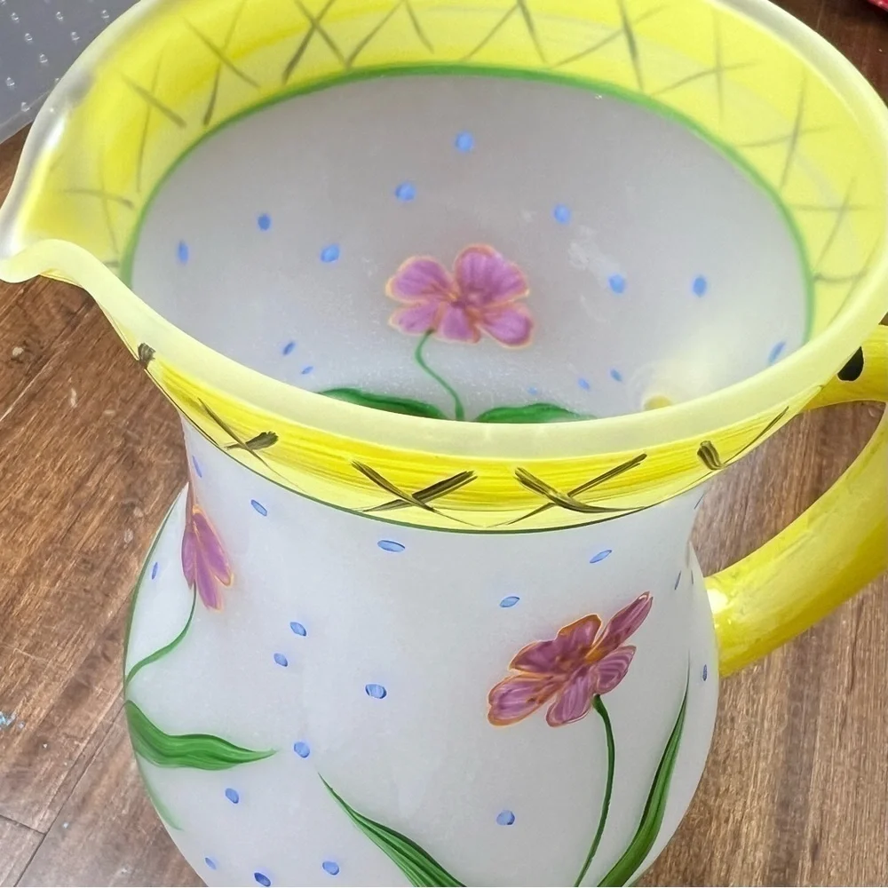 Flora Hand Painted Glass Pitcher 64 oz. Floral VTG Coastal Cottage Grandmother
